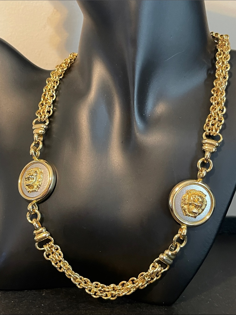 Vintage Two-Tone Lion Head Medallion Coin Runway Style Statement Necklace